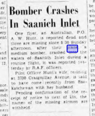 Daily Colonist — Bomber Crashes in Saanich Inlet — 16 March 1943