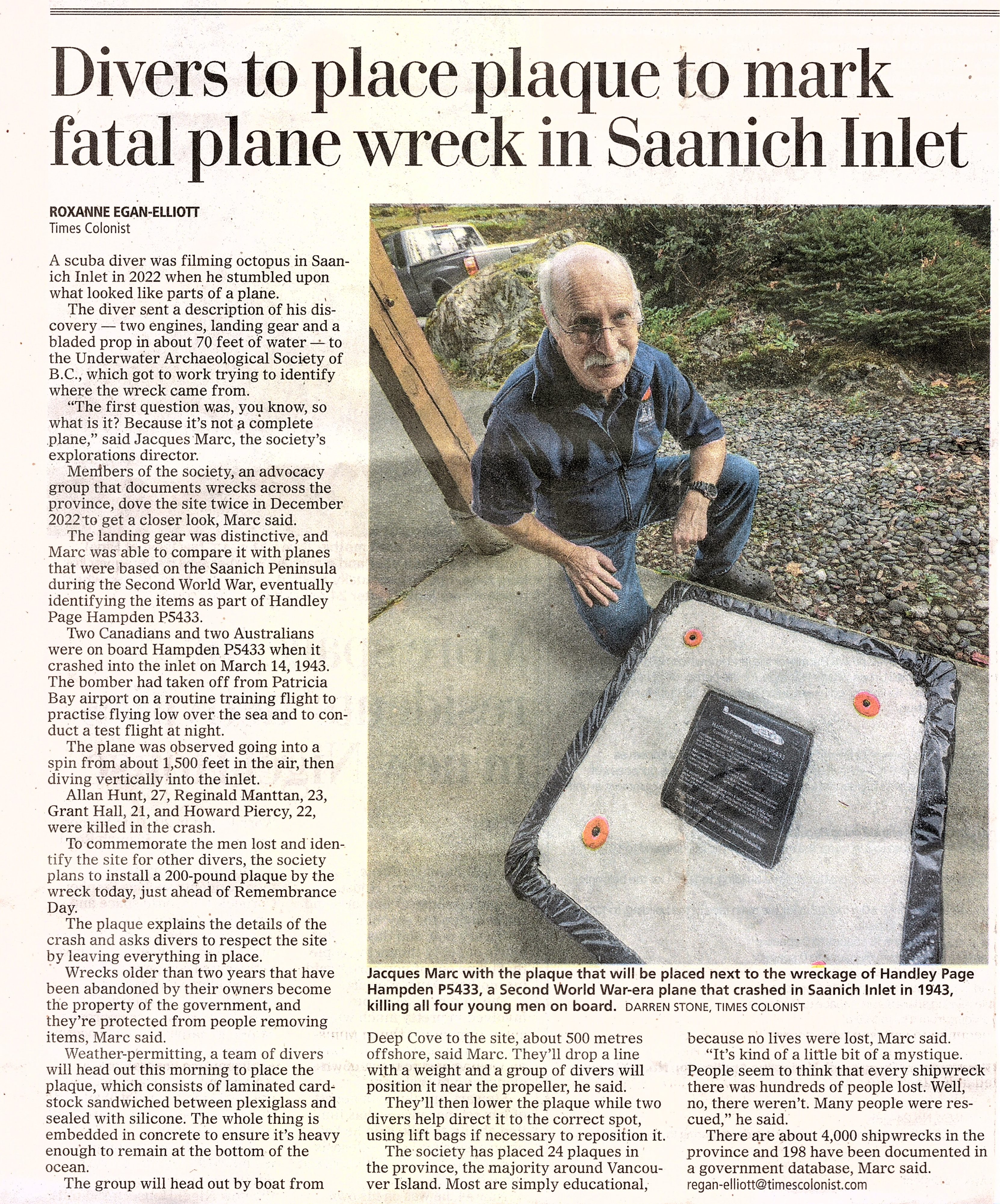 Times Colonist — Divers to Place Plaque to Mark Fatal Plane Wreck — June 2024